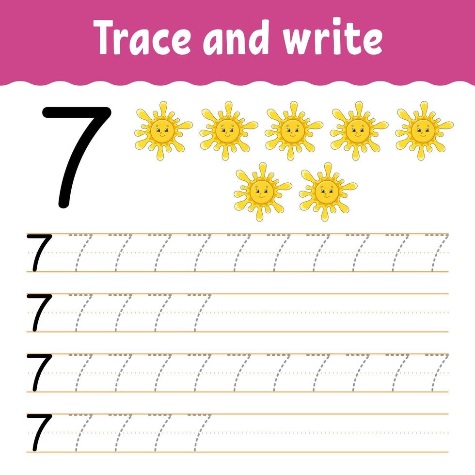 Learn Numbers. Trace and write. Handwriting practice. Learning numbers for kids. Education developing worksheet. Color activity page. Isolated vector illustration in cute cartoon style.
