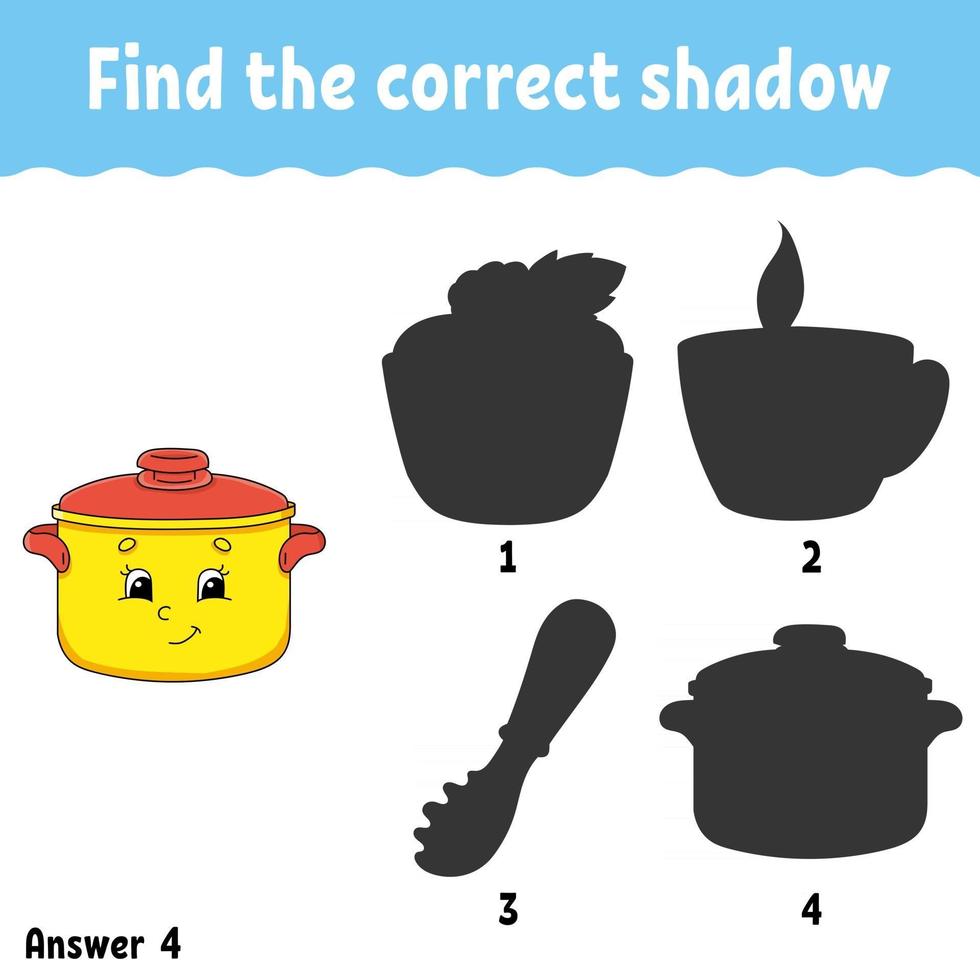 Find the correct shadow. Education developing worksheet. Matching game for kids. Activity page. Puzzle for children. Cartoon character. Isolated vector illustration.