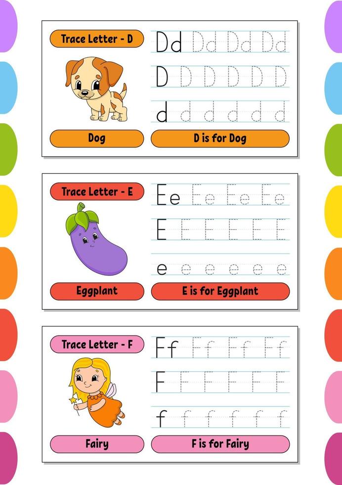 Writing letters. Set tracing page. Practice sheet. Worksheet for kids. Learn alphabet. Cute characters. Vector illustration. Cartoon style.