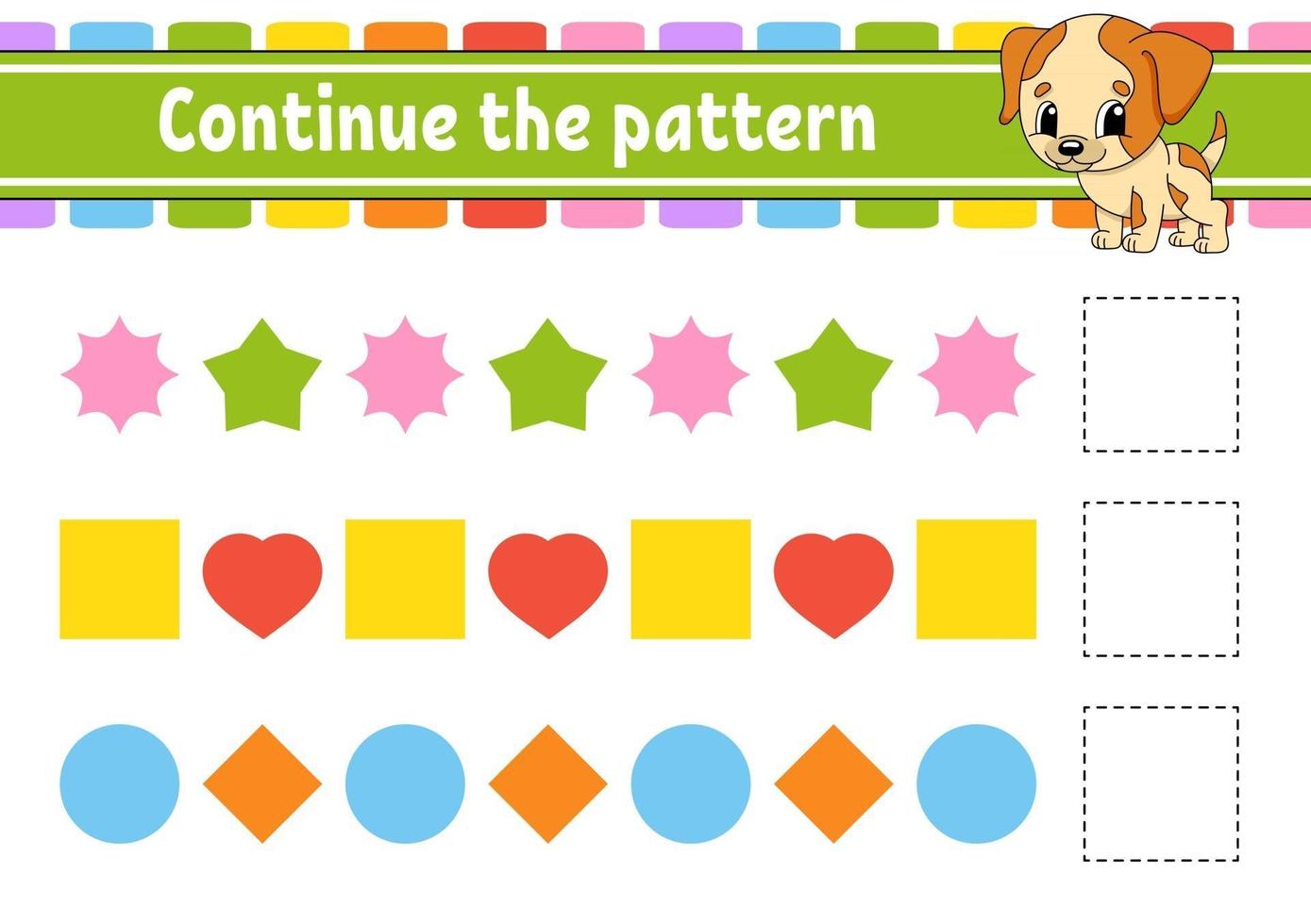 Continue the pattern. Education developing worksheet. Game for kids. Activity page. Puzzle for children. Riddle for preschool. Flat isolated vector illustration. Cute cartoon style.