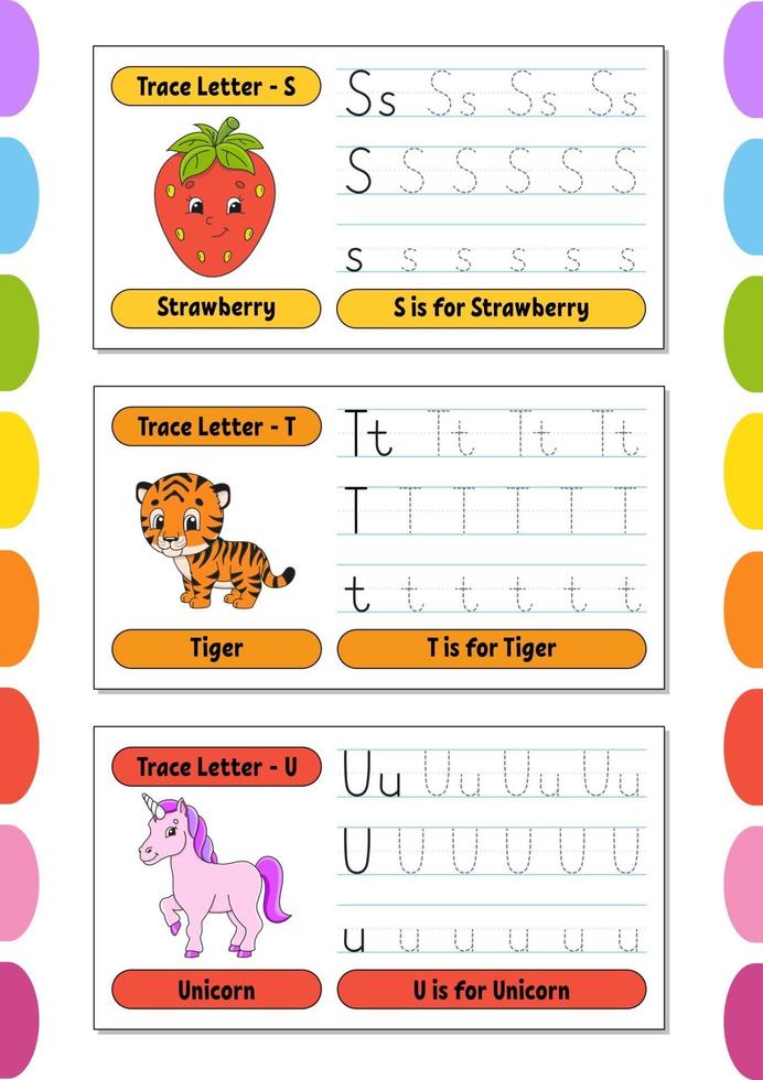 Writing letters. Set tracing page. Practice sheet. Worksheet for kids. Learn alphabet. Cute characters. Vector illustration. Cartoon style.