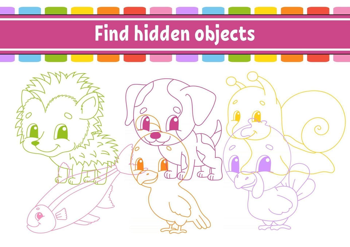 Find hidden object. Education developing worksheet. Activity page with pictures. Color contour. Logical thinking training. Isolated vector illustration. Funny character. Cartoon style.