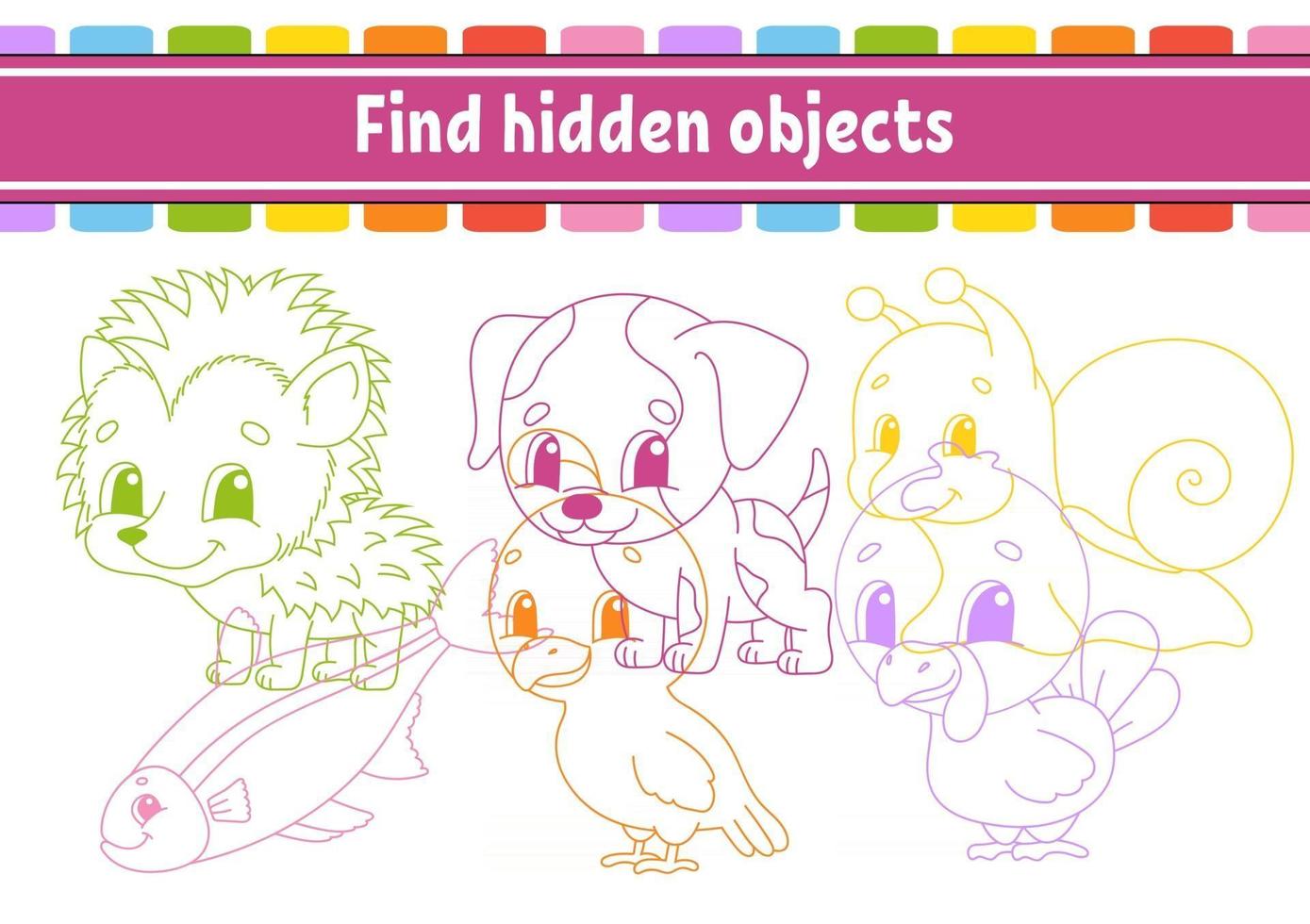 Find hidden object. Education developing worksheet. Activity page with pictures. Color contour. Logical thinking training. Isolated vector illustration. Funny character. Cartoon style.