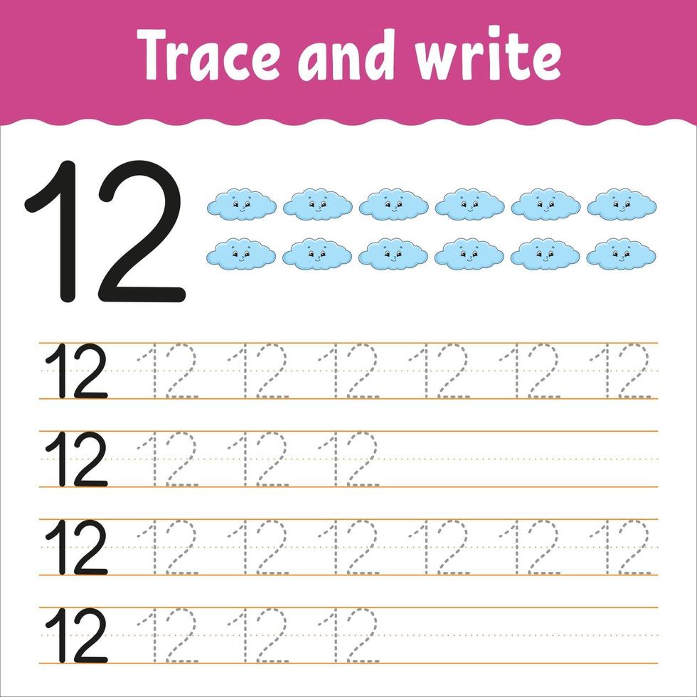 Learn Numbers. Trace and write. Handwriting practice. Learning numbers for kids. Education developing worksheet. Color activity page. Isolated vector illustration in cute cartoon style.