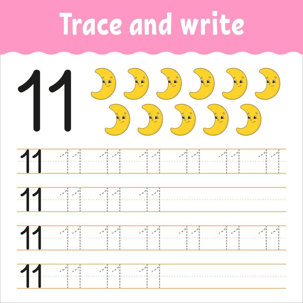 Learn Numbers. Trace and write. Handwriting practice. Learning numbers for kids. Education developing worksheet. Color activity page. Isolated vector illustration in cute cartoon style.