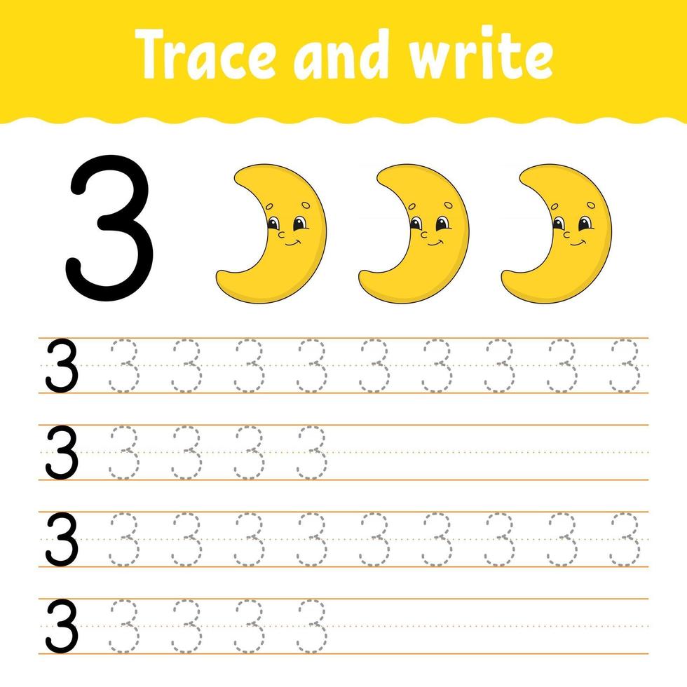 Learn Numbers. Trace and write. Handwriting practice. Learning numbers for kids. Education developing worksheet. Color activity page. Isolated vector illustration in cute cartoon style.