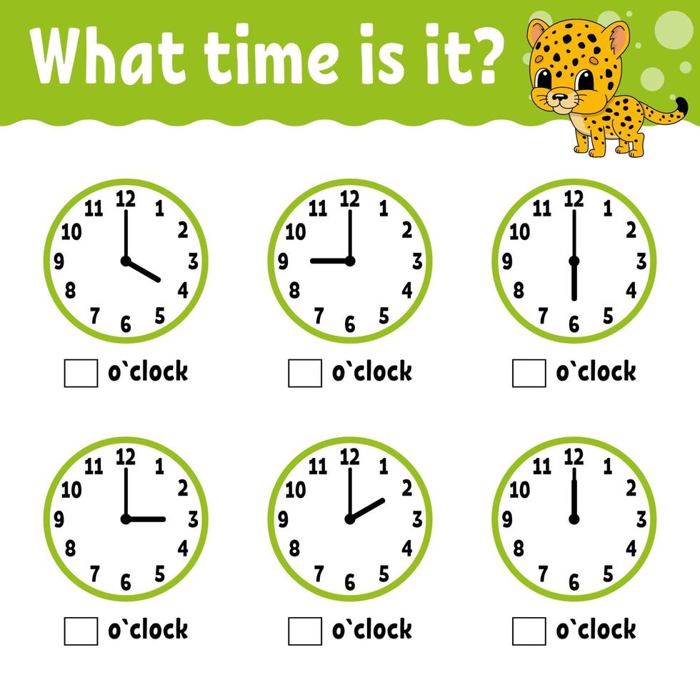 Learning time on the clock. Educational activity worksheet for kids and toddlers. Game for children. Simple flat isolated color vector illustration in cute cartoon style.