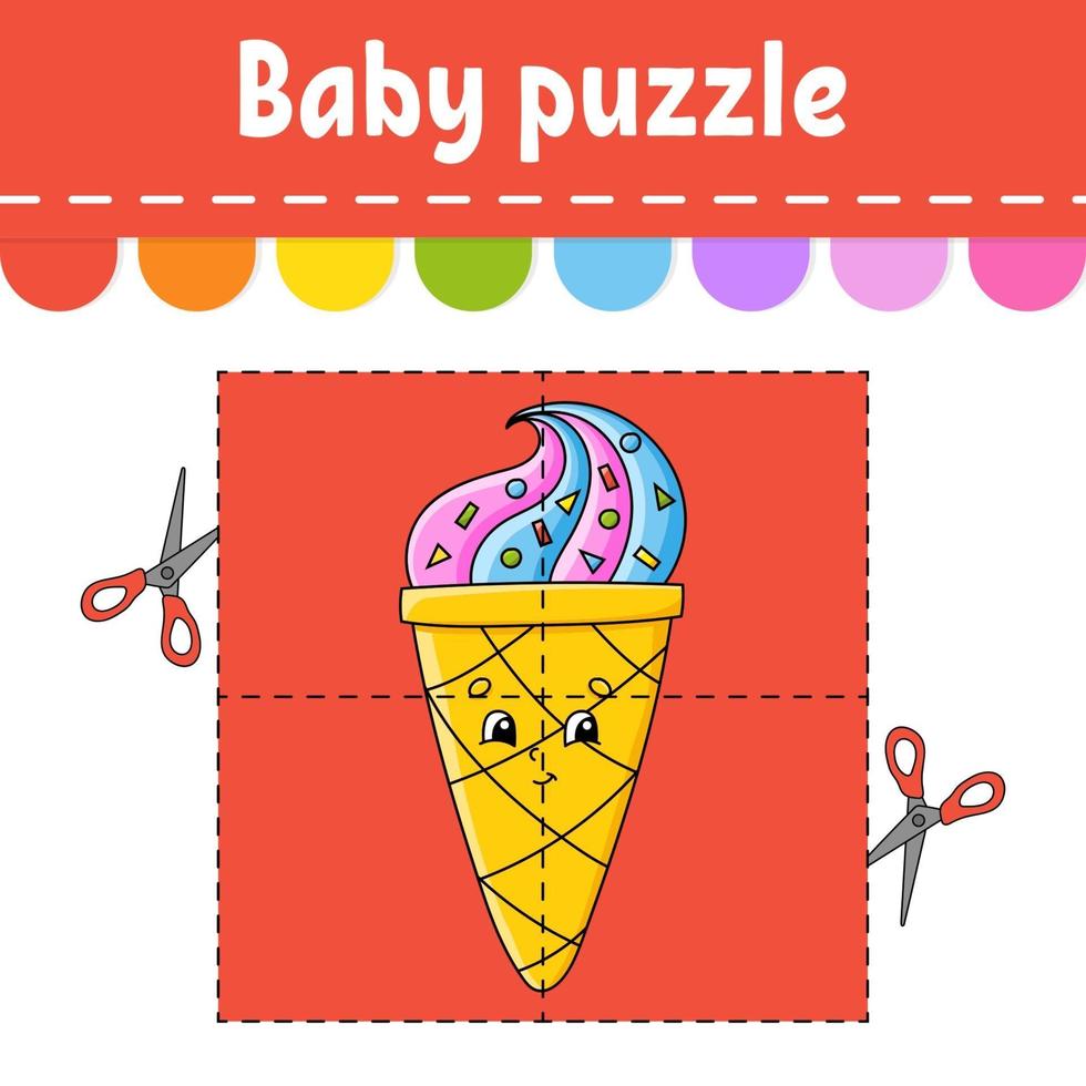 Baby puzzle. Easy level. Flash cards. Cut and play. Color activity worksheet. Game for children. Cartoon character. vector