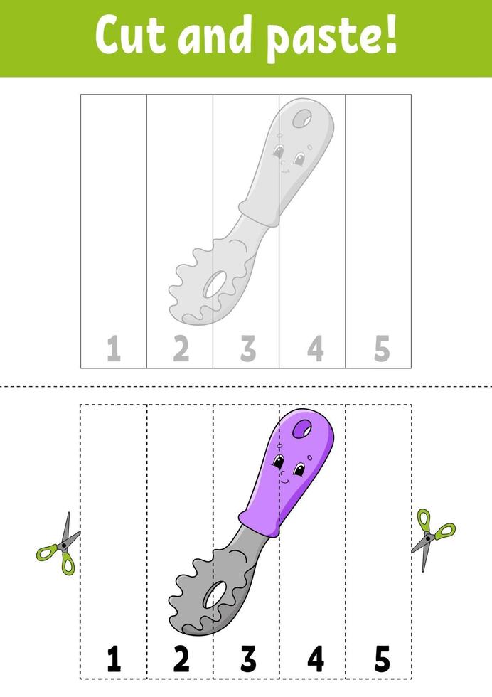 aprender los números del 1 al 5. corta y pega. personaje animado. hoja de trabajo de desarrollo educativo. juego para niños. página de actividad. Ilustración de vector aislado de color.