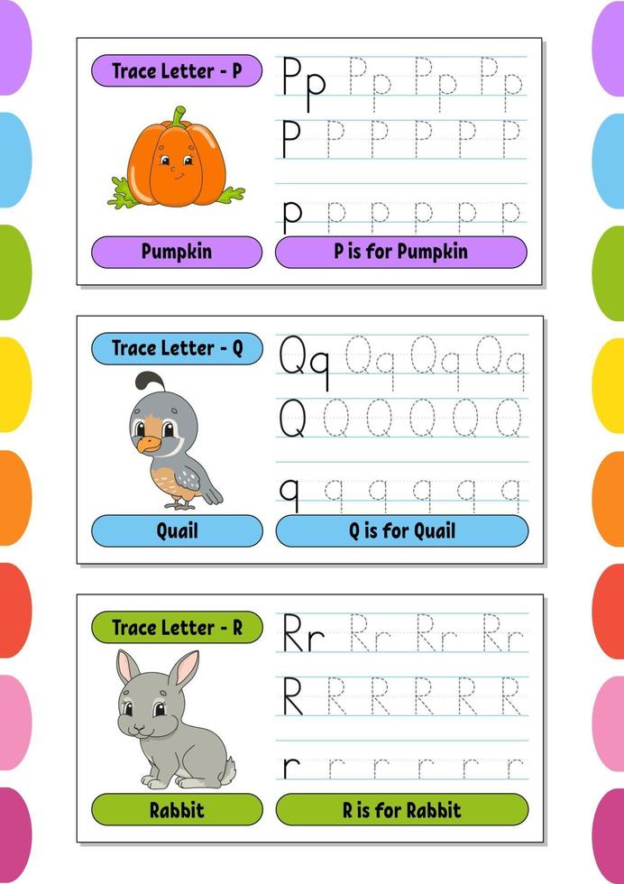 Writing letters. Set tracing page. Practice sheet. Worksheet for kids. Learn alphabet. Cute characters. Vector illustration. Cartoon style.