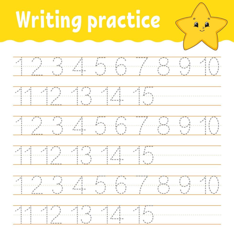 Learn Numbers. Trace and write. Handwriting practice. Learning numbers for kids. Education developing worksheet. Color activity page. Isolated vector illustration in cute cartoon style.