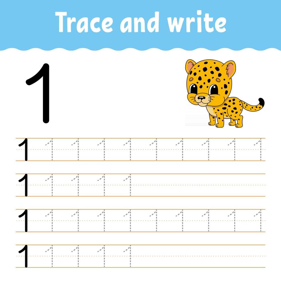 Learn Numbers. Trace and write. Handwriting practice. Learning numbers for kids. Education developing worksheet. Color activity page. Isolated vector illustration in cute cartoon style.