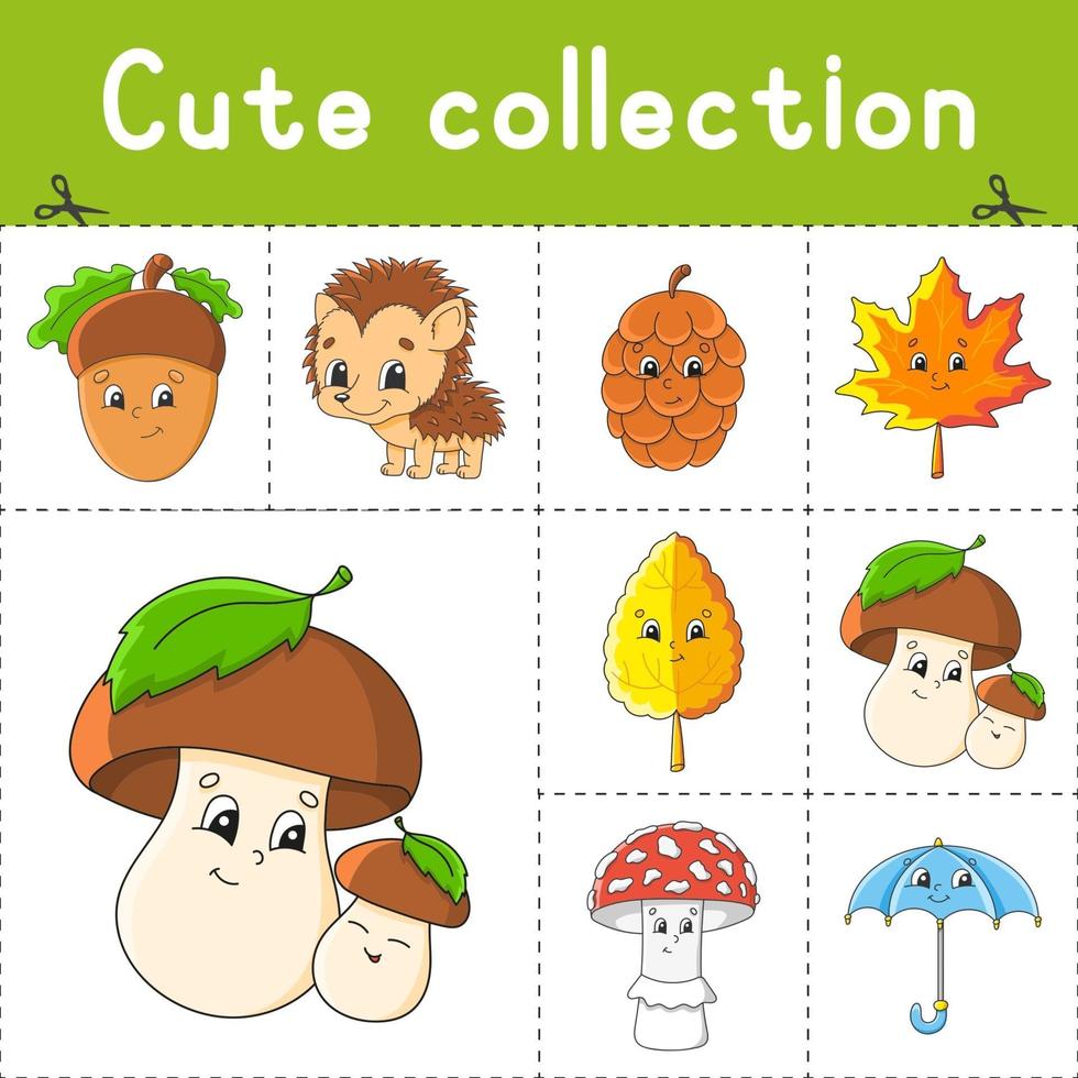 Set of stickers with cute cartoon characters. Autumn clipart. Hand drawn. Colorful pack. Vector illustration. Patch badges collection. Label design elements. For daily planner, diary, organizer.