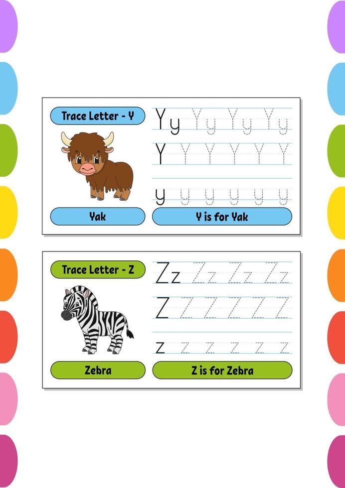 Writing letters. Set tracing page. Practice sheet. Worksheet for kids. Learn alphabet. Cute characters. Vector illustration. Cartoon style.