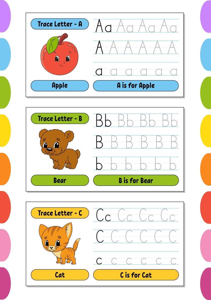 Writing letters. Set tracing page. Practice sheet. Worksheet for kids. Learn alphabet. Cute characters. Vector illustration. Cartoon style.