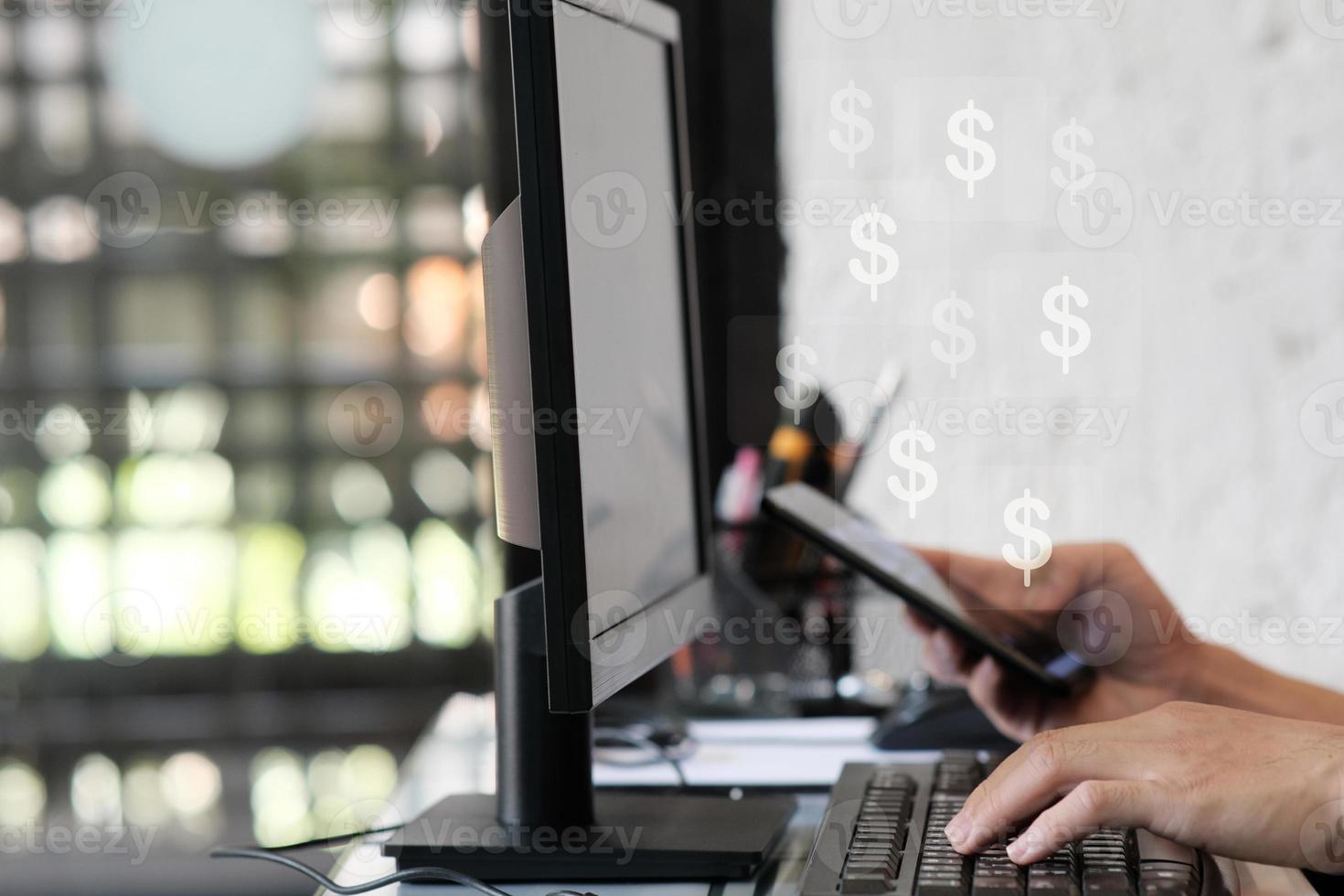 Businessman hand working on laptop computer and network and data connection , work from home concept, marketing plan concept photo