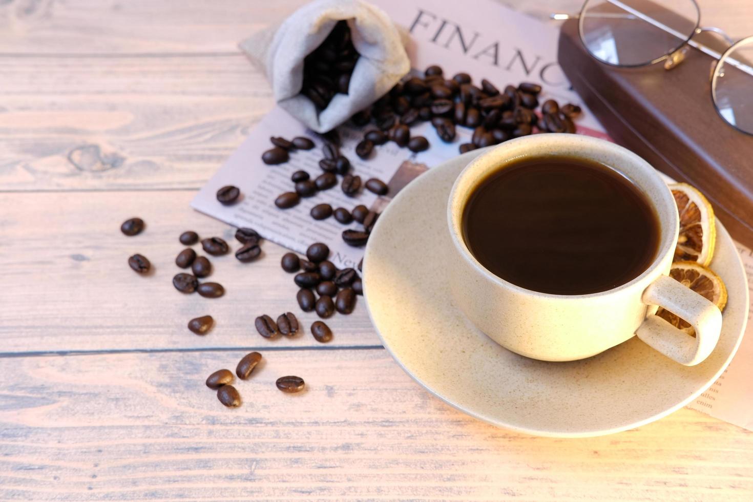 coffee cup on table and space for text, americano coffee in morning photo