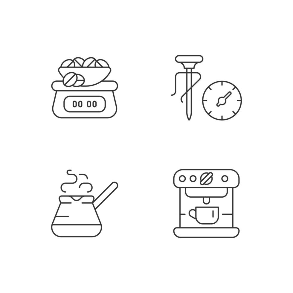 aparato para la preparación de café conjunto de iconos lineales. balanza para frijoles. hacer espresso. símbolos de contorno de línea fina personalizables. ilustraciones de contorno de vector aislado. trazo editable