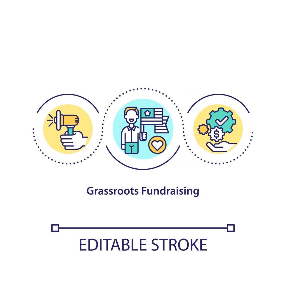 Grassroots fundraising concept icon. Money gathering methods. Funding campaigns with money investments idea thin line illustration. Vector isolated outline color drawing. Editable stroke