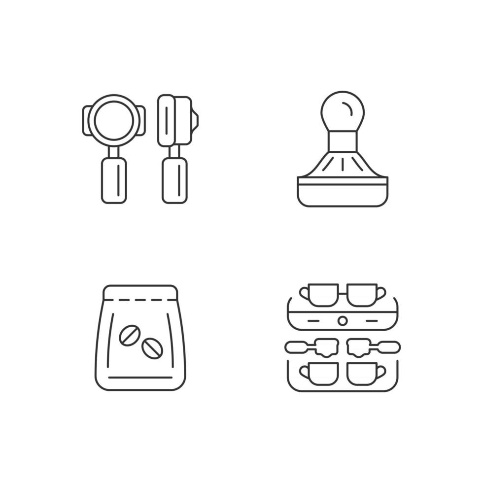 Coffee shop professional tools linear icons set. Professional portafilter and tamper. Customizable thin line contour symbols. Isolated vector outline illustrations. Editable stroke