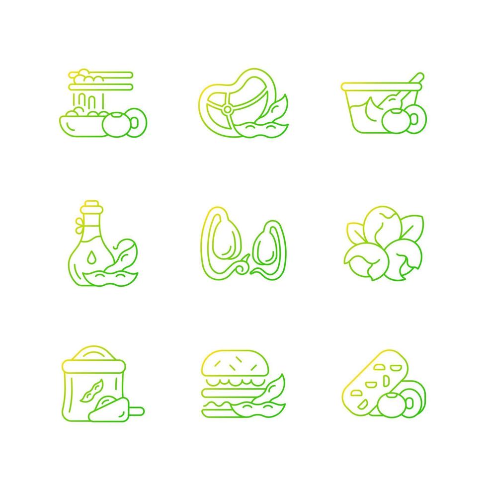 Soy plants gradient linear vector icons set. Growing organic vegetables. Vegeterian foods fill of nutritions. Thin line contour symbols bundle. Isolated vector outline illustrations collection