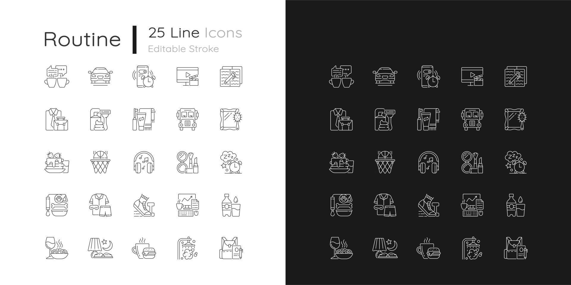 Everyday routine linear icons set for dark and light mode. Alarm clock. Coffee break. Transport for transit. Customizable thin line symbols. Isolated vector outline illustrations. Editable stroke