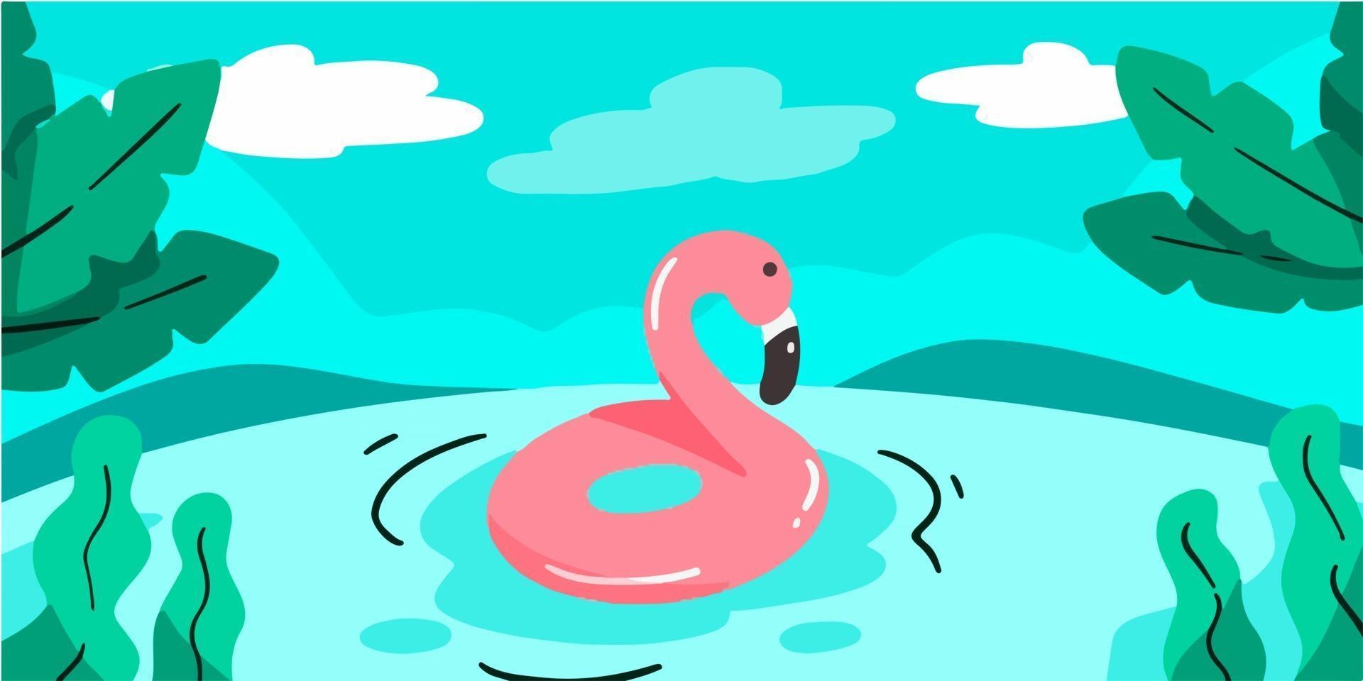 flotador de flamencos en la ilustración de doodle de lago vector