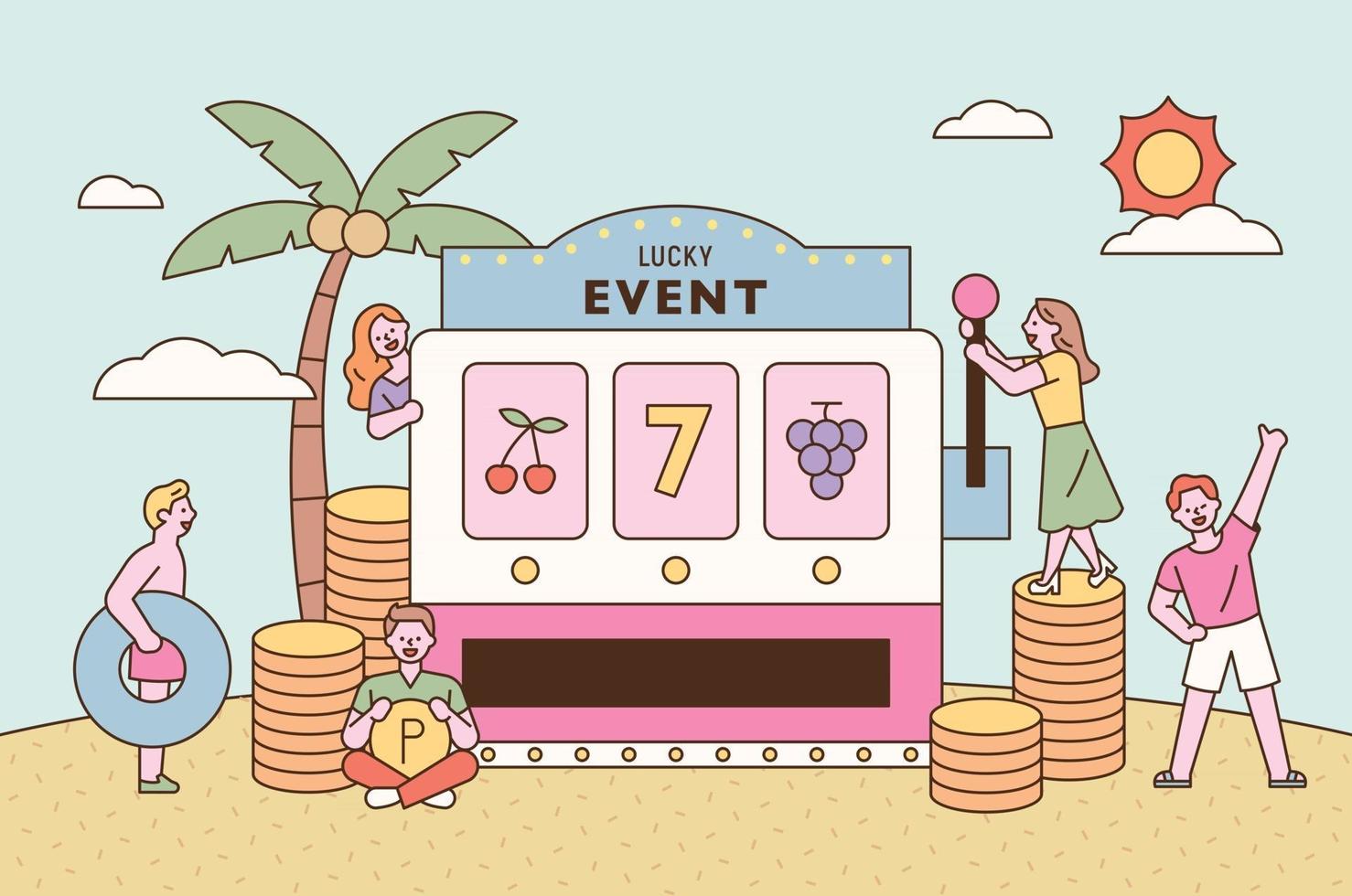 Lucky event promotion poster. People are hoping for good luck around a giant jackpot machine. flat design style minimal vector illustration.