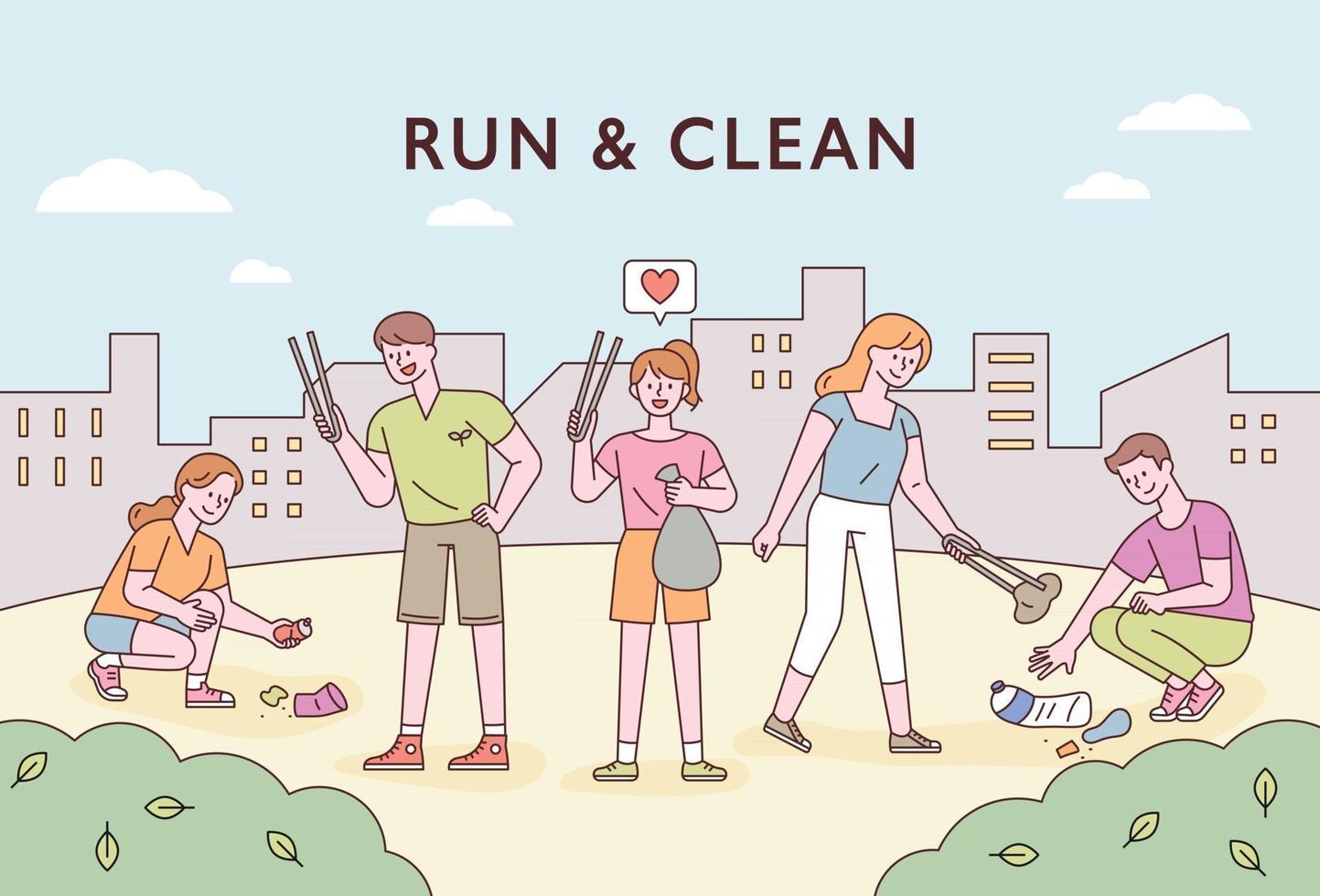 City background and people picking up garbage. Banner poster concept. flat design style minimal vector illustration.
