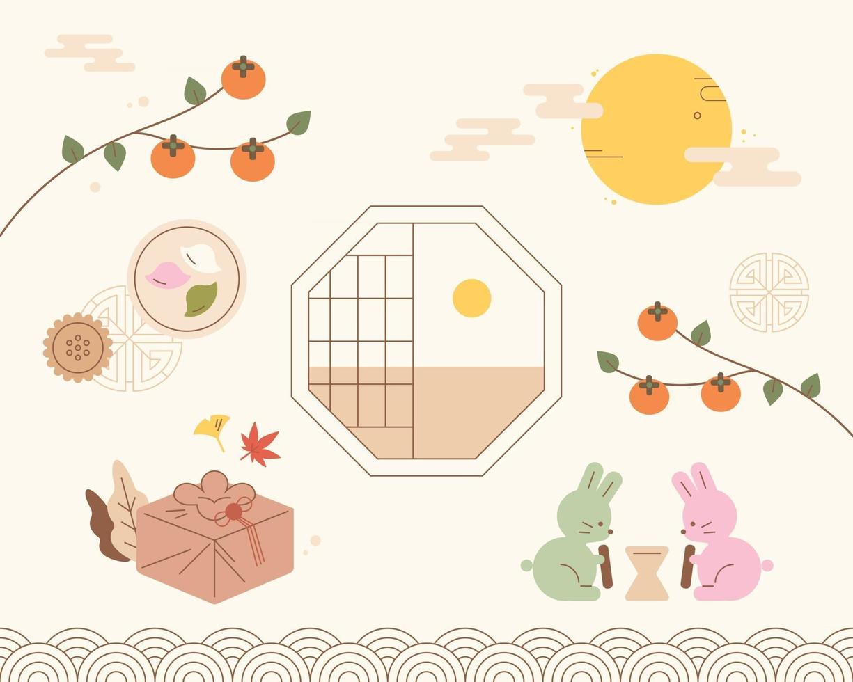 tarjeta de felicitación chuseok con diseño de objeto tradicional coreano. Ilustración de vector mínimo de estilo de diseño plano.