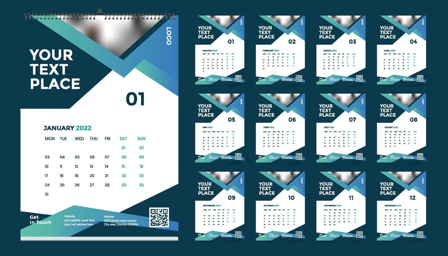 Free wall calendar 2022 template design with vector. Planner diary with Place for Photo. vector