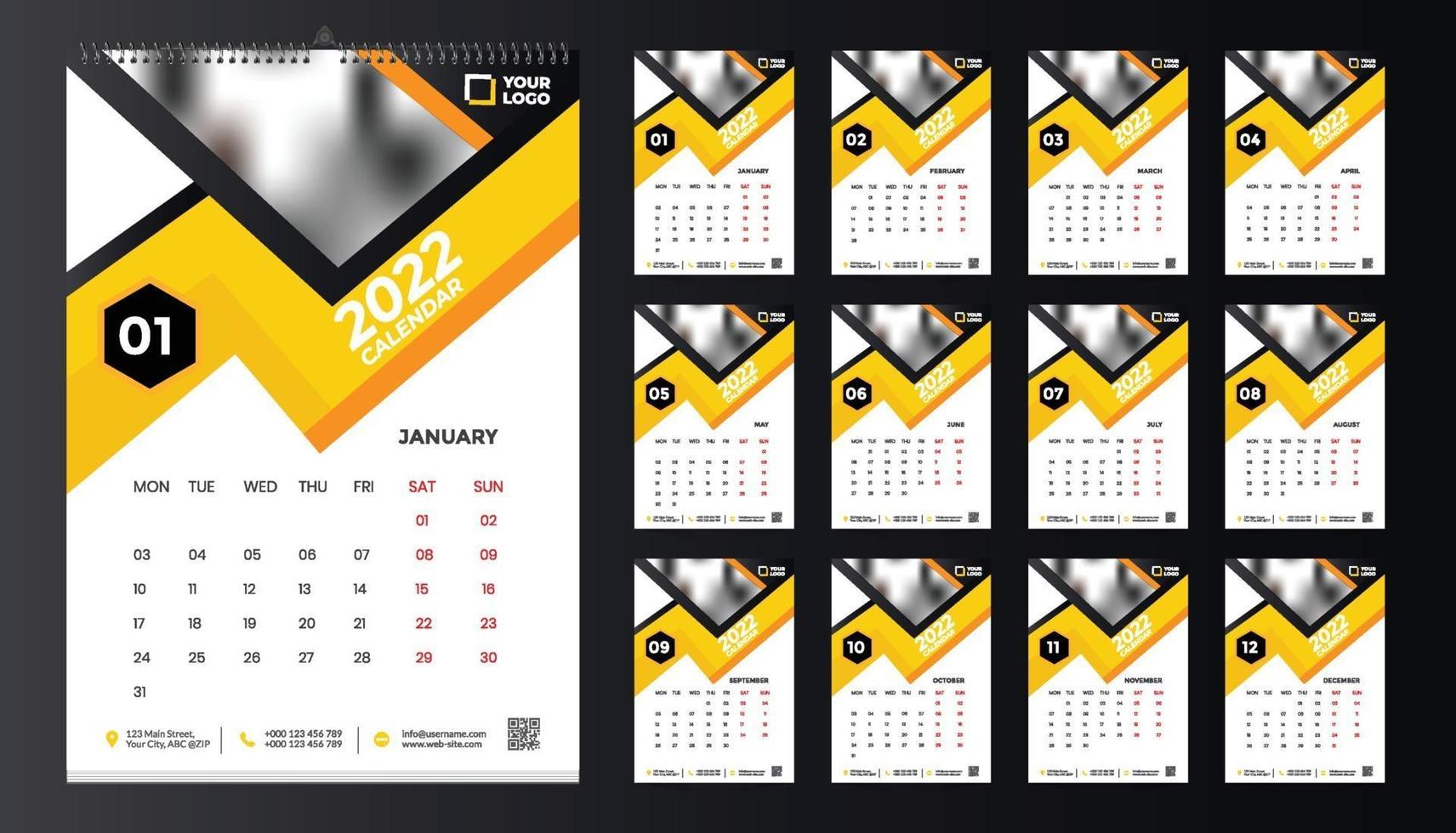 Diseño de plantilla de calendario de pared 2022 gratis con vector. diario del planificador con lugar para la foto. vector