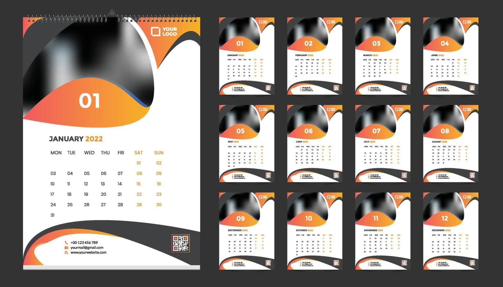 Diseño de plantilla de calendario de pared 2022 gratis con vector. diario del planificador con lugar para la foto. vector