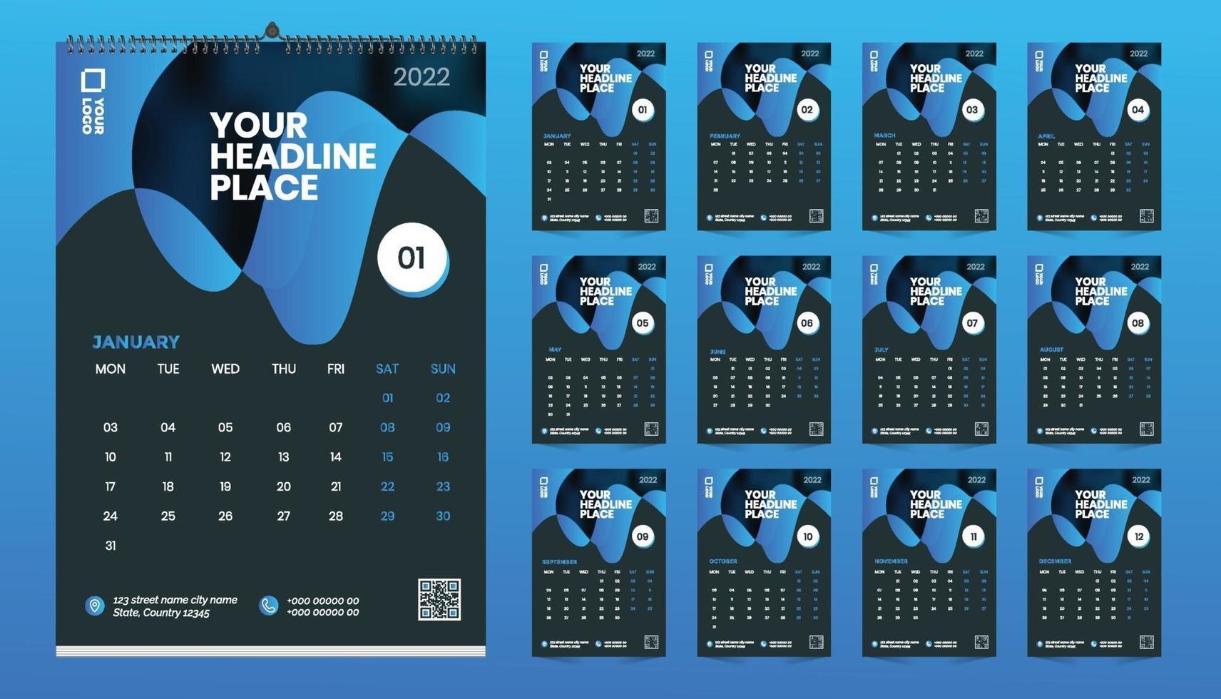 Diseño de plantilla de calendario de pared 2022 gratis con vector. diario del planificador con lugar para la foto. vector