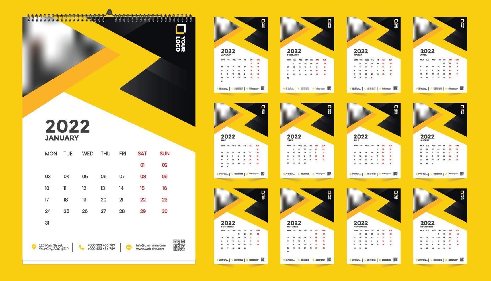 Free wall calendar 2022 template design with vector. Planner diary with Place for Photo. vector