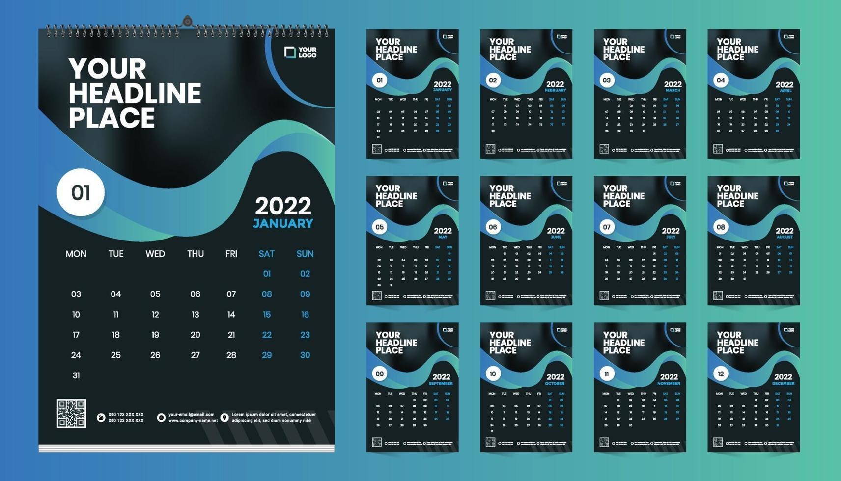 Diseño de plantilla de calendario de pared 2022 gratis con vector. diario del planificador con lugar para la foto. vector