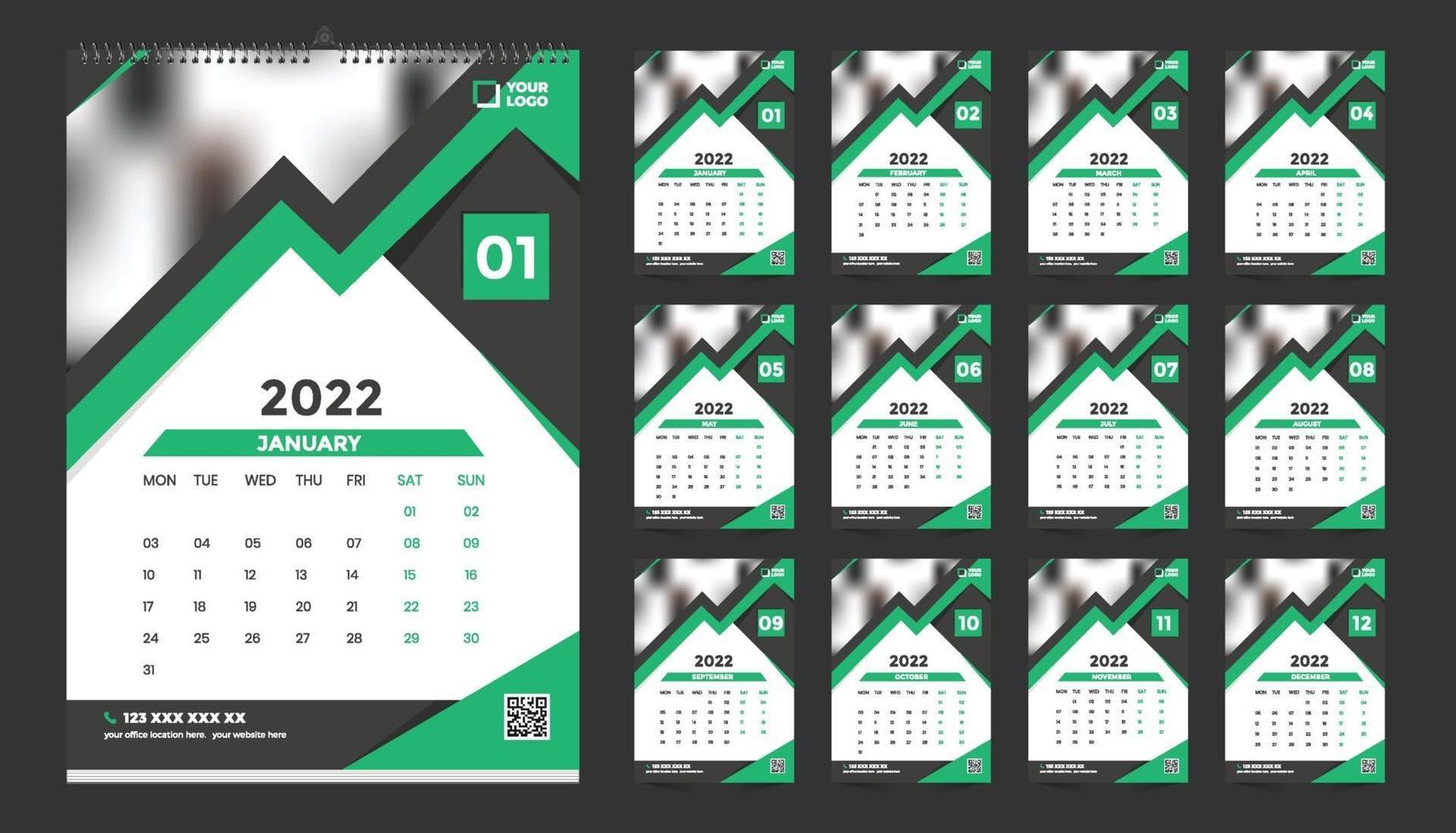 Diseño de plantilla de calendario de pared 2022 gratis con vector. diario del planificador con lugar para la foto. vector