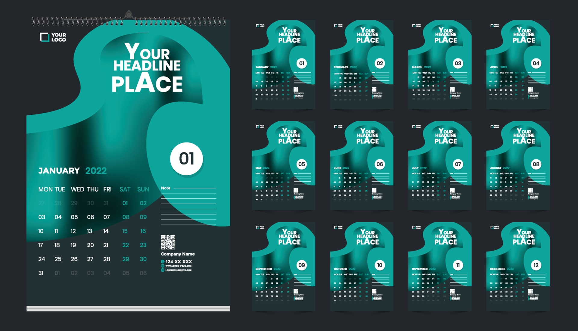 Free wall calendar 2022 template design with vector. Planner diary with