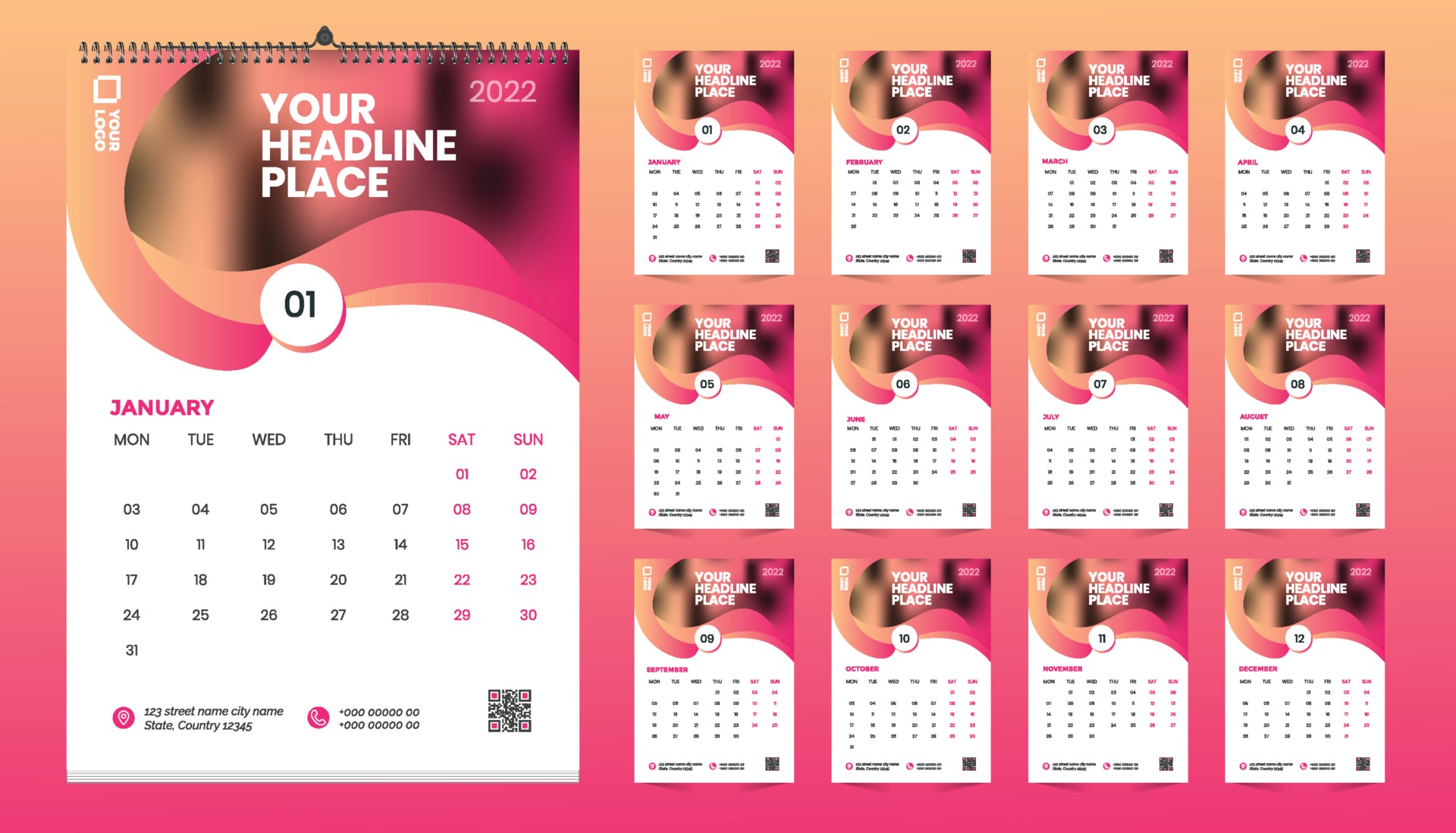 Free wall calendar 2022 template design with vector. Planner diary with