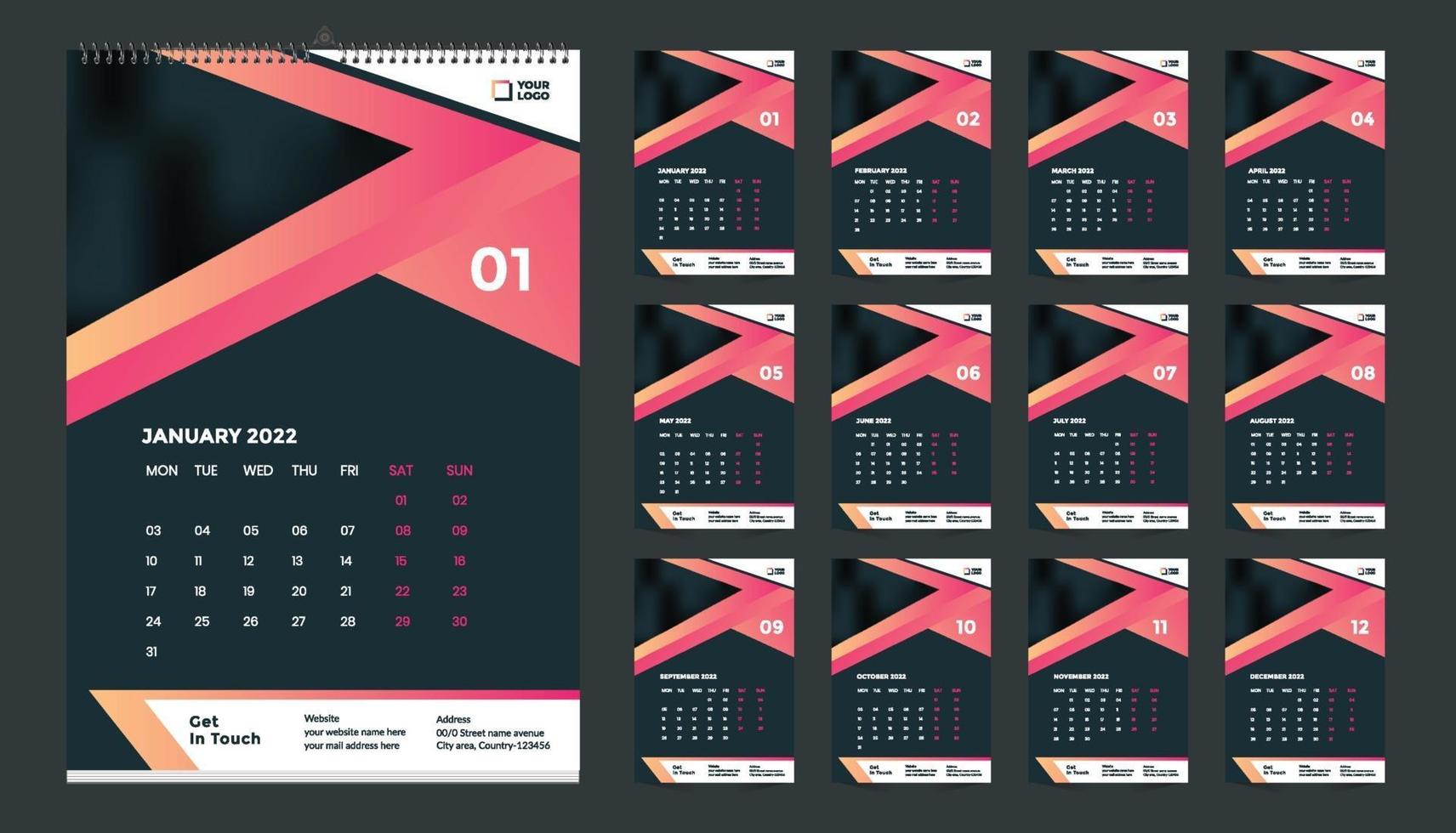 Diseño de plantilla de calendario de pared 2022 gratis con vector. diario del planificador con lugar para la foto. vector