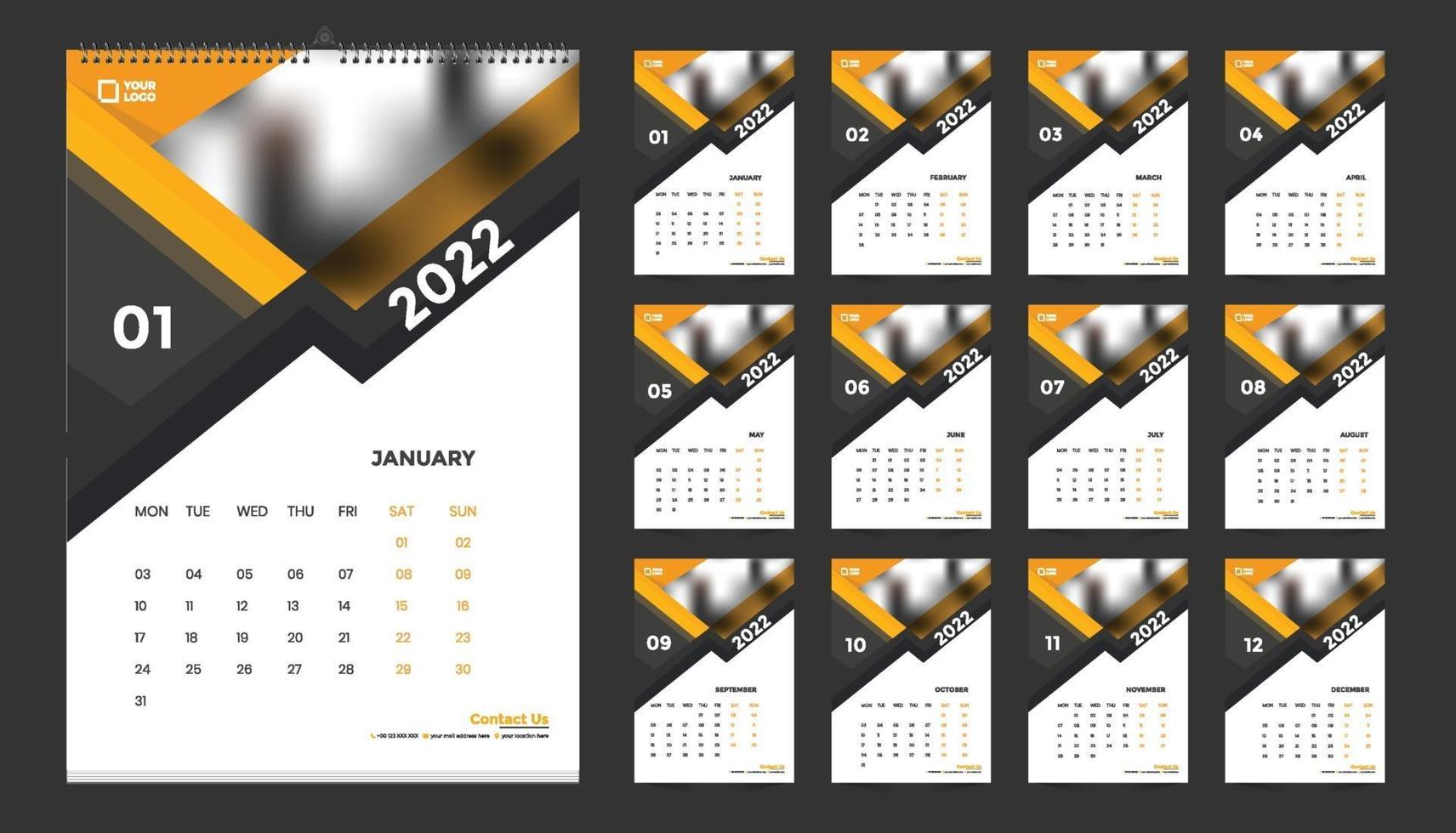 Diseño de plantilla de calendario de pared 2022 gratis con vector. diario del planificador con lugar para la foto. vector