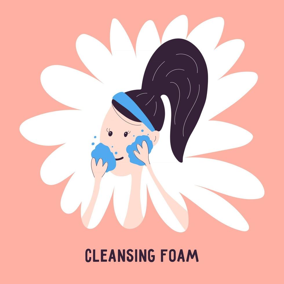 Woman washing face icon with cleansing foam isolated on background. Vector illustration about double cleansing cosmetics in cartoon hand draw style. Korean facial skin care.