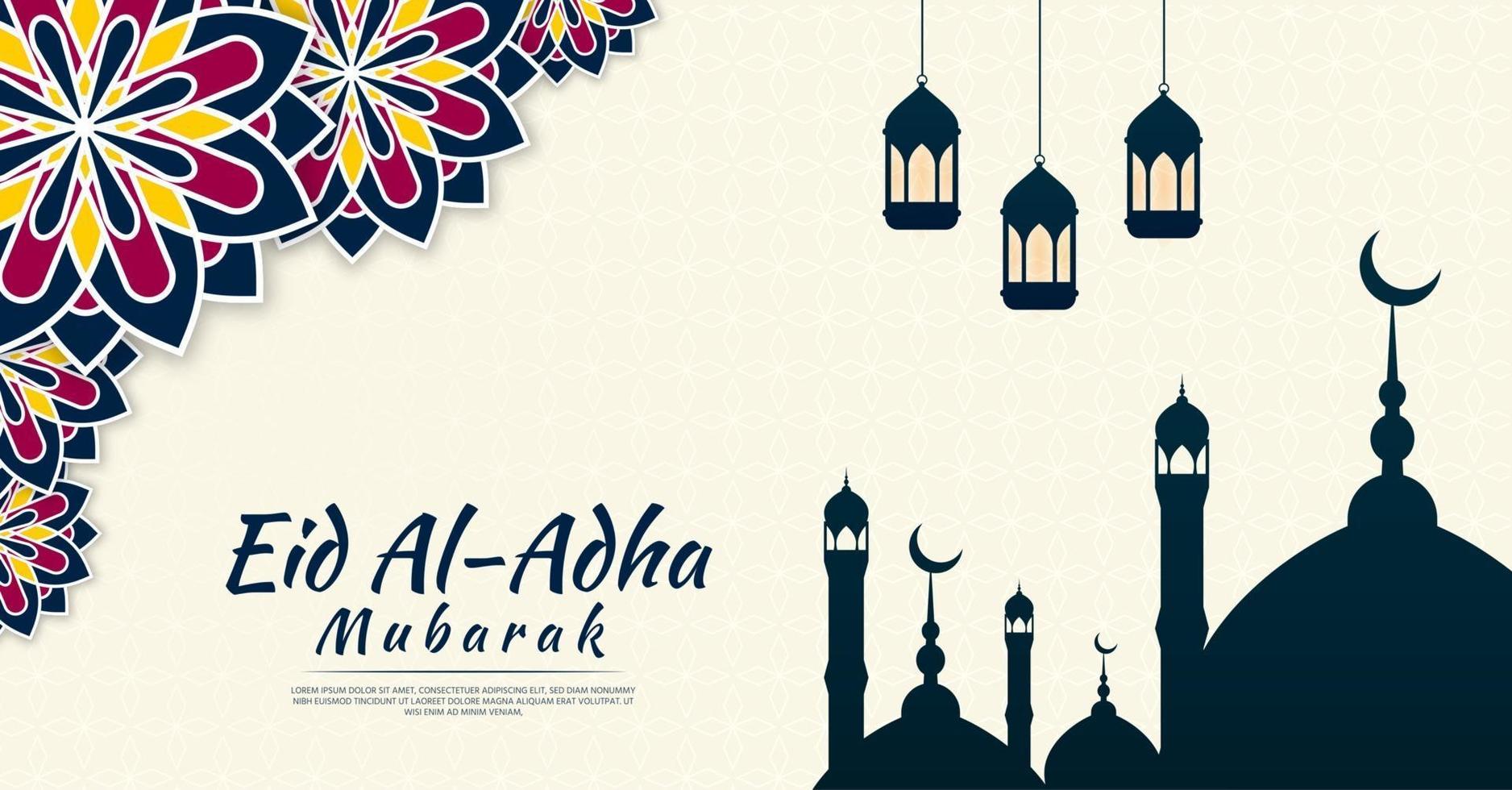Eid al-Adha background with flowers and mosque on each side. vector