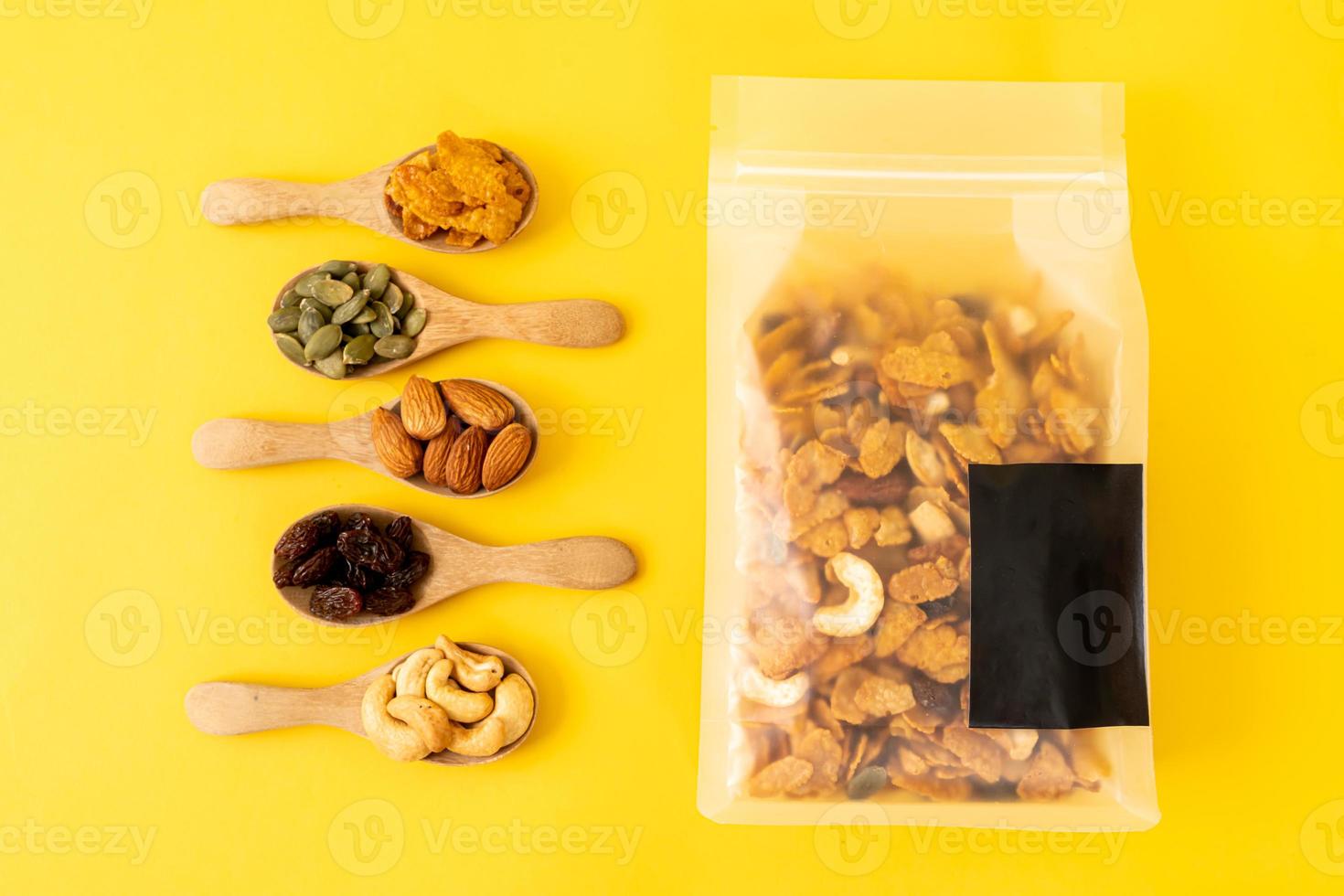 Grains cornflakes of cashew nut, almond, pumpkin seeds and sunflower seeds - healthy multigrain food photo