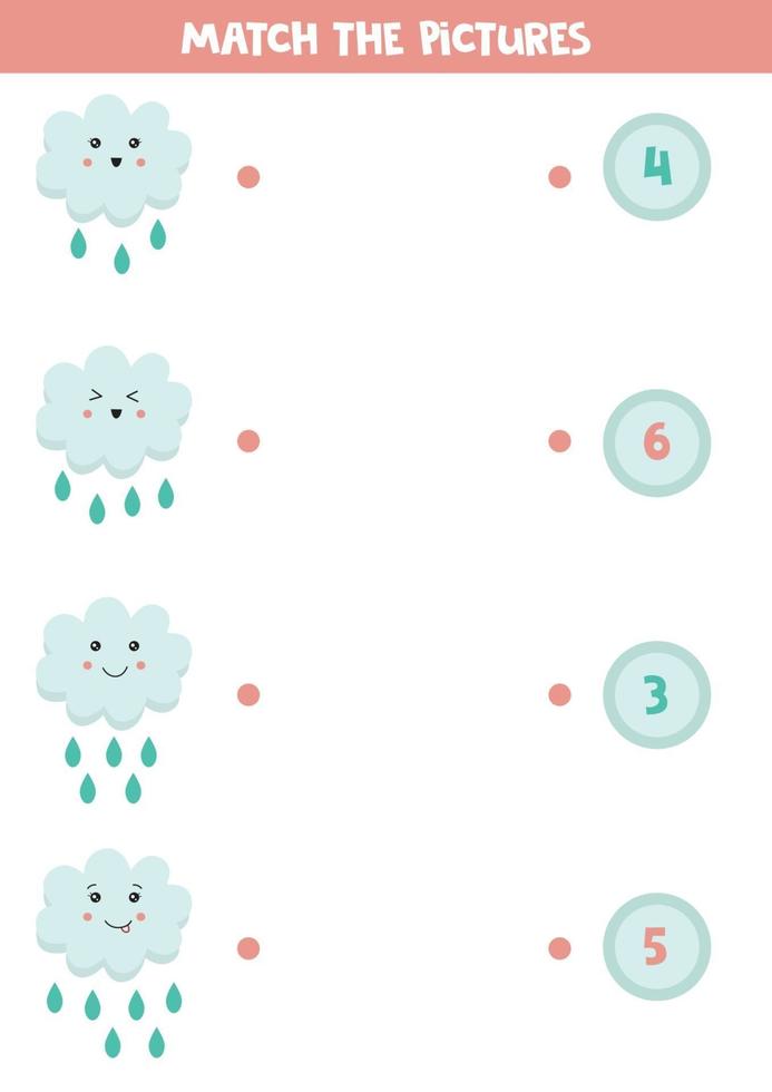 Educational worksheet for preschool kids. Match clouds and numbers. Count game. vector