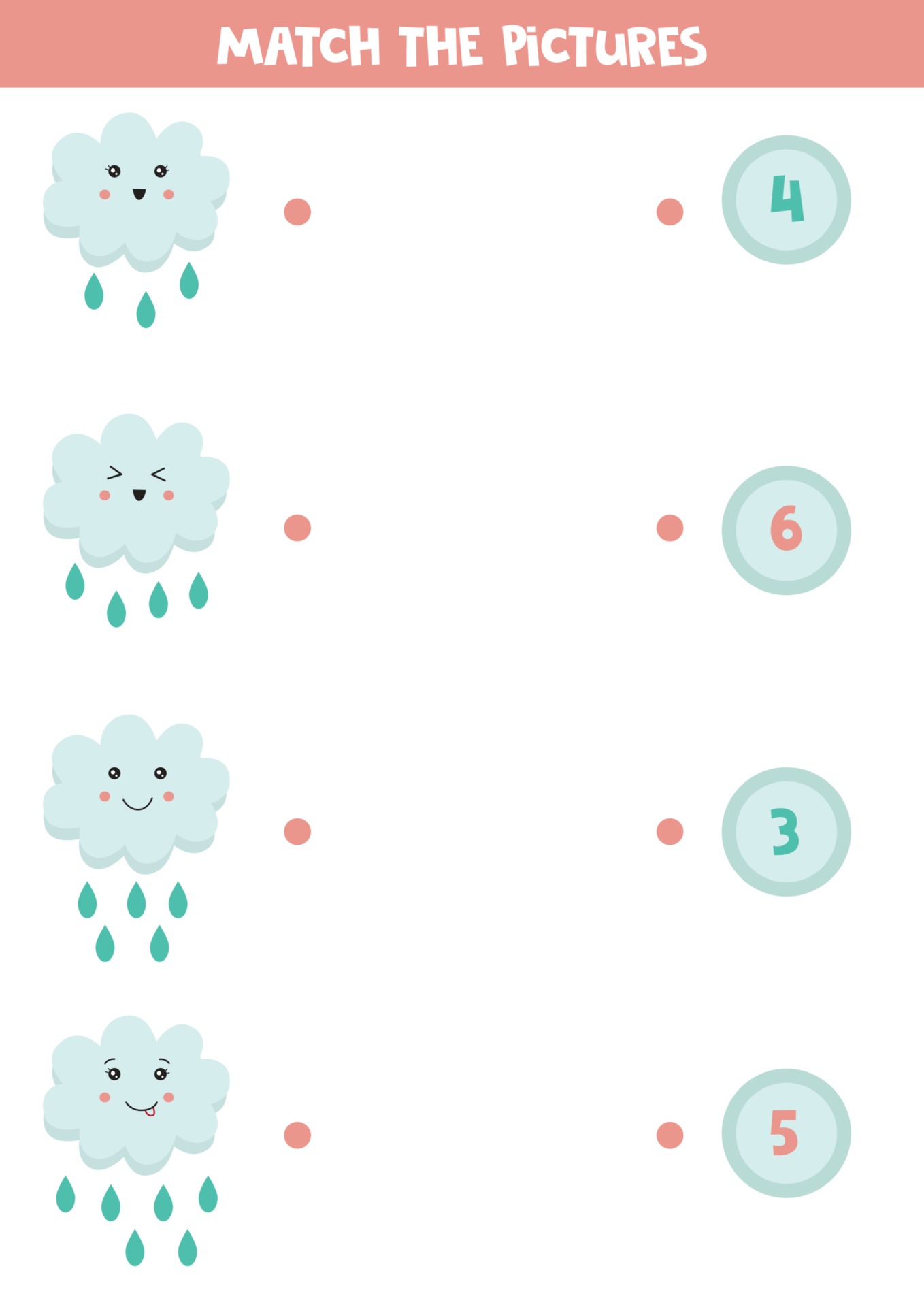 Educational worksheet for preschool kids. Match clouds and numbers