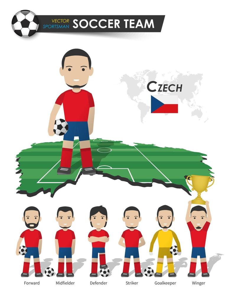 selección de la copa nacional de fútbol de la república checa. jugador de fútbol con camiseta deportiva de pie en el mapa del país del campo de perspectiva y el mapa mundial conjunto de posiciones de futbolista. diseño plano de personaje de dibujos animados. vector