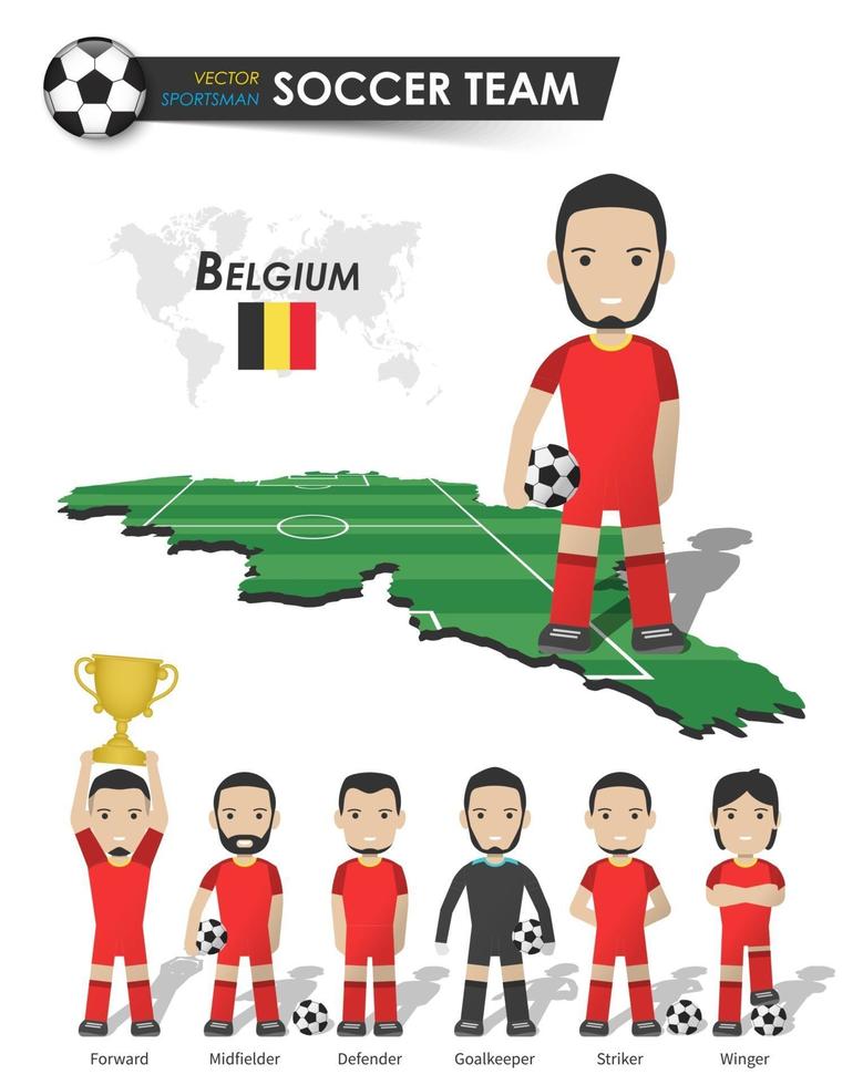 Belgium national soccer cup team . Football player with sports jersey stand on perspective field country map and world map . Set of footballer positions . Cartoon character flat design . Vector .