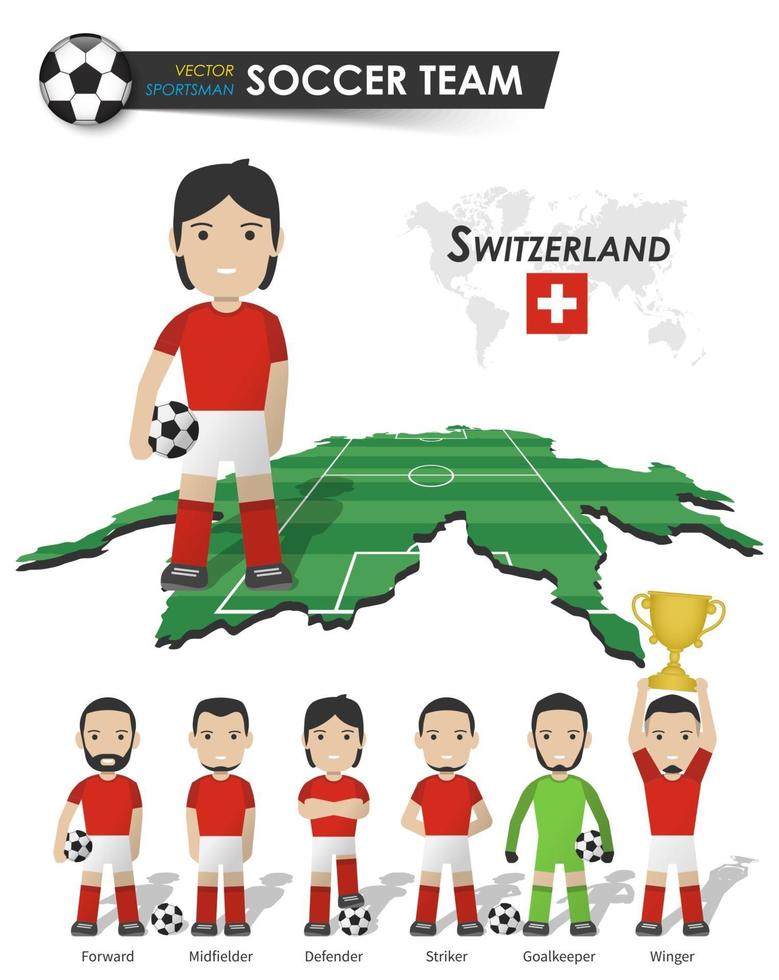 equipo de la copa nacional de fútbol de suiza. jugador de fútbol con camiseta deportiva de pie en el mapa del país del campo de perspectiva y el mapa mundial conjunto de posiciones de futbolista. diseño plano de personaje de dibujos animados. vector. vector