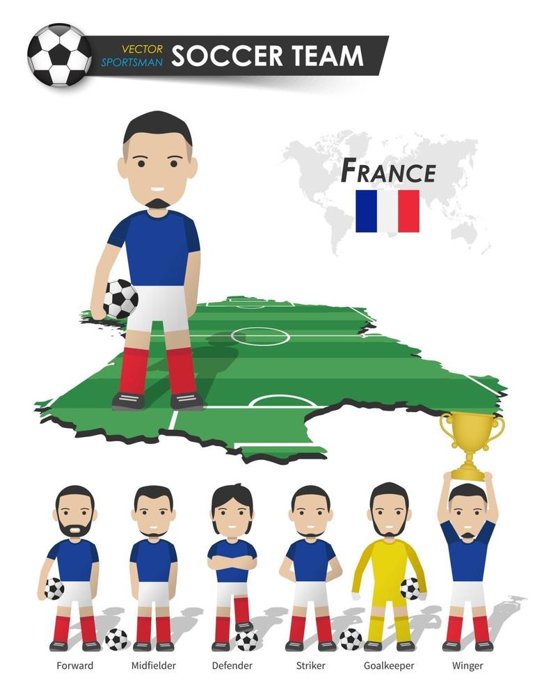 France national soccer cup team . Football player with sports jersey stand on perspective field country map and world map . Set of footballer positions . Cartoon character flat design . Vector .